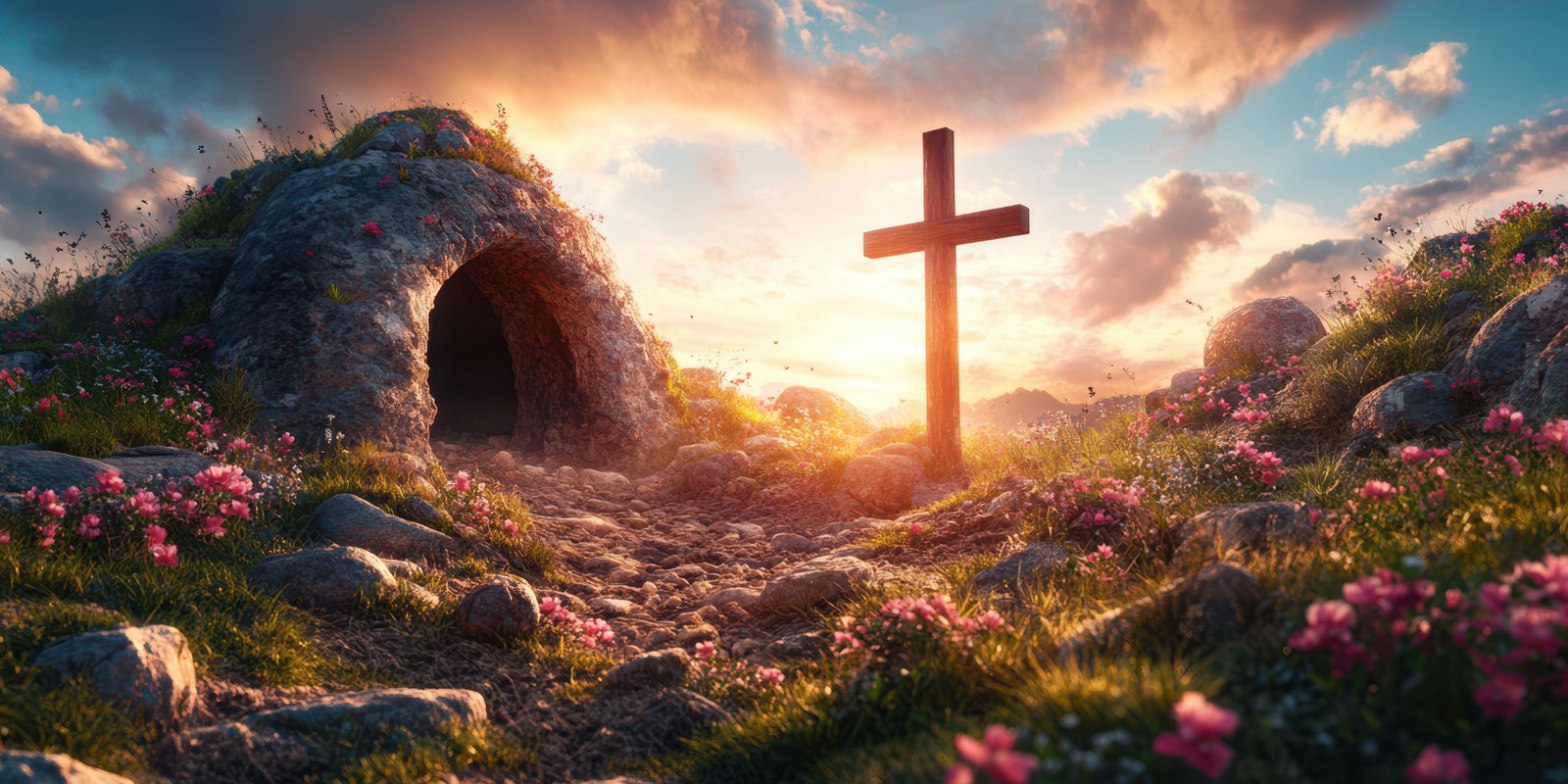 Scenic sunrise view of a cave with a wooden cross amidst colorful flowers in a tranquil landscape